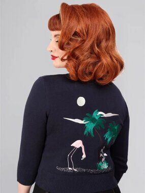 Collectif 50s Lucy Flamingo Palm Navy Blue Cardigan